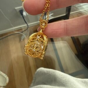 Gold-tone Floral Birdcage Pendant Necklace
